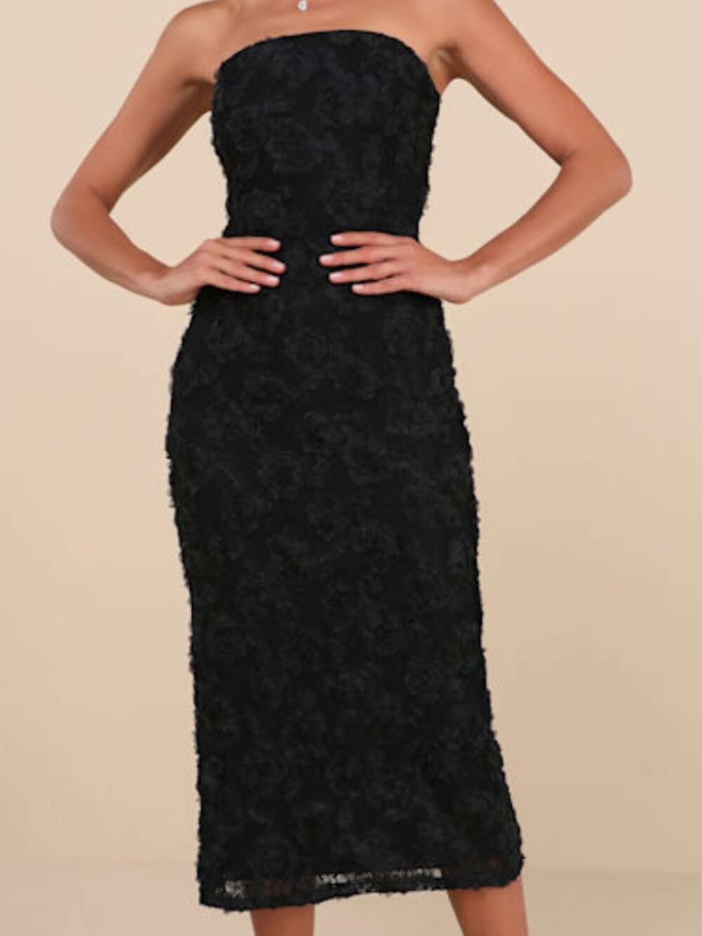 Lulus Flawless Perfection Black Floral Applique Strapless Midi Dress - Size M